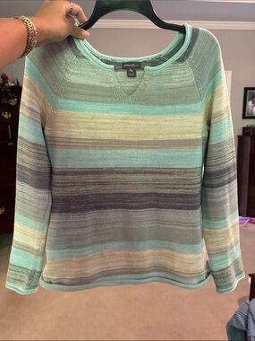 Eddie Bauer Mint, Gray and Cream Striped V-Notch Knit Sweater